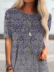 Tribal Print Boat Neck Short Sleeves Long T-shirt