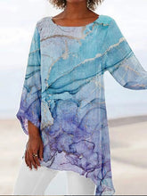 Marbling Print Irregular Hem Long Sleeves Blouse