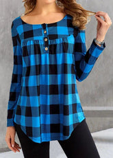 Plaid Boat Neck Buttons Long Sleeves Blouse