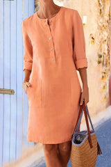Solid Color Crew Neck Buttons Long Sleeves Short Dress
