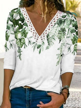 Leaf Print V-neck Lace Casual Half Sleeves Sweatshirt