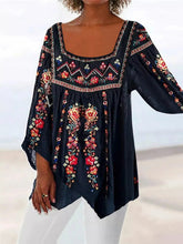Tribal Floral Print Square Neck 3/4 Sleeves Blouse