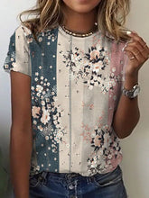 Floral Print Stripe O-neck Short Sleeves T-shirt