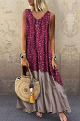 Floral Print Patchwork V-neck Sleeveless Maxi Dress