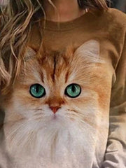 Cute Cat Print Round Neck Long Sleeves Sweatshirt