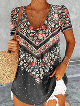 Floral Print V-neck Casual Short Sleeves T-shirt