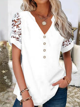 Solid Color V-neck Buttons Lace Short Sleeves Blouse
