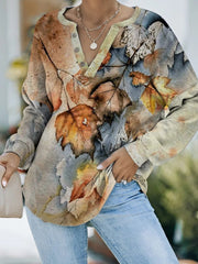 Leaf Print V-neck Long Sleeve Casual Sweatshirts