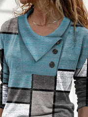 Color Block Buttons Lapel Neck Long Sleeves Sweatshirt