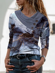 Marbling Print Buttons Cowl Neck Long Sleeves Sweatshirt