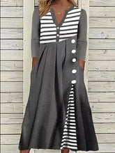 Stripe Print Buttons V-neck Long Sleeves Midi Dress