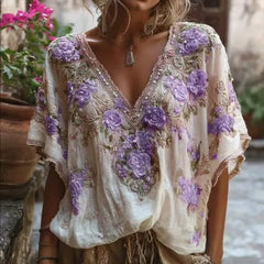 Women's Floral Print Casual V-neck Short-sleeve T-shirt