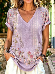 Women's Floral Print Cotton V-Neck Short Sleeve T-Shirt
