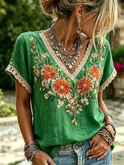 Women's Floral Print Lace Trim V-Neck Short Sleeve Blouse