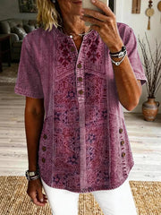 Women's Vintage Ethnic Pattern Art Print Casual Short-sleeve Washed Cotton Denim Shirt