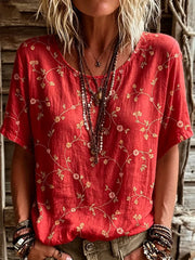 Women's Short-sleeve Crew-neck Cotton-linen T-shirt With Floral Art Print