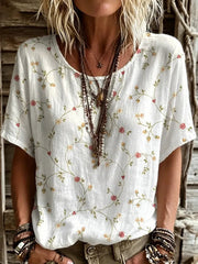 Women's Short-sleeve Crew-neck Cotton-linen T-shirt With Floral Art Print