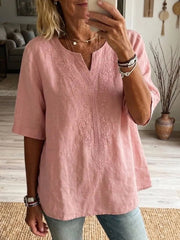 Women's Vintage Floral Embroidery V-neck Short-sleeved Cotton Shirt