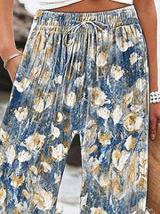 Women's High Waist Full-Length Bohemian Floral Printed Wide Leg Pants with Drawstring Elastic Waist, Breathable & Comfortable, Regular Style for Daily Street Wear in Spring & Autumn