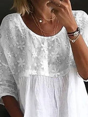 Women's Lace Embroidery Patchwork Loose Crew Neck Split Joint Shirt