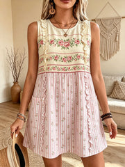 Women's Floral Striped Art Print Casual Sleeveless Round Neck Cotton Linen Ruffle Short Dress