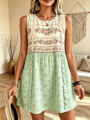 Women's Floral Striped Art Print Casual Sleeveless Round Neck Cotton Linen Ruffle Short Dress