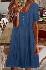 Round Neck Button Short Sleeve Denim Loose Fit Midi Dress