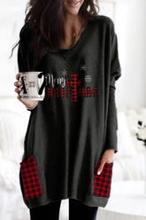 Merry Christmas Print Plaid Casual V-neck Sweatshirt