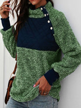 Color Block Stand Collar Buttons Long Sleeves Warm Sweater