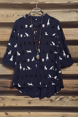 Cute Cat Print High Neck Short Sleeves Single Breasted Shirt
