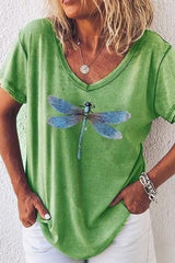 Dragonfly Print V-neck Short Sleeves T-shirt