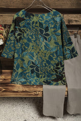 Leaf Print Round Neck Half Sleeves Blouse