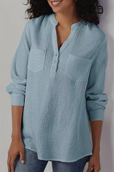 Women's V-neck Solid Color Pockets Long Sleeves Shirt