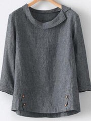 Plain Buttons Round Neck 3/4 Sleeves Blouse