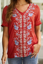 Floral Embroidery V-neck Short Sleeves Shirts & Tops