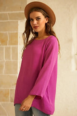 Solid None Round Neck Long Sleeves Blouse