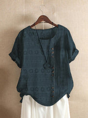 Geometric Print Buttons Round Neck Short Sleeves T-shirt