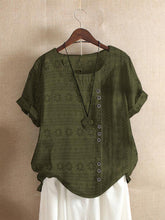 Geometric Print Buttons Round Neck Short Sleeves T-shirt