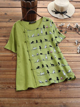 Cartoon Cat Print Buttons Round Neck Short Sleeves T-shirt