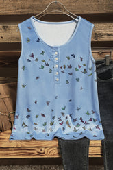 Butterfly Print Buttons Sleeveless Tank Tops