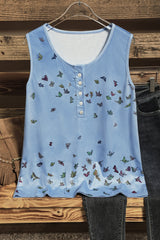 Butterfly Print Buttons Sleeveless Tank Tops