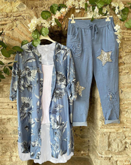Floral Print Buttons Short Sleeves Two Piece Suit