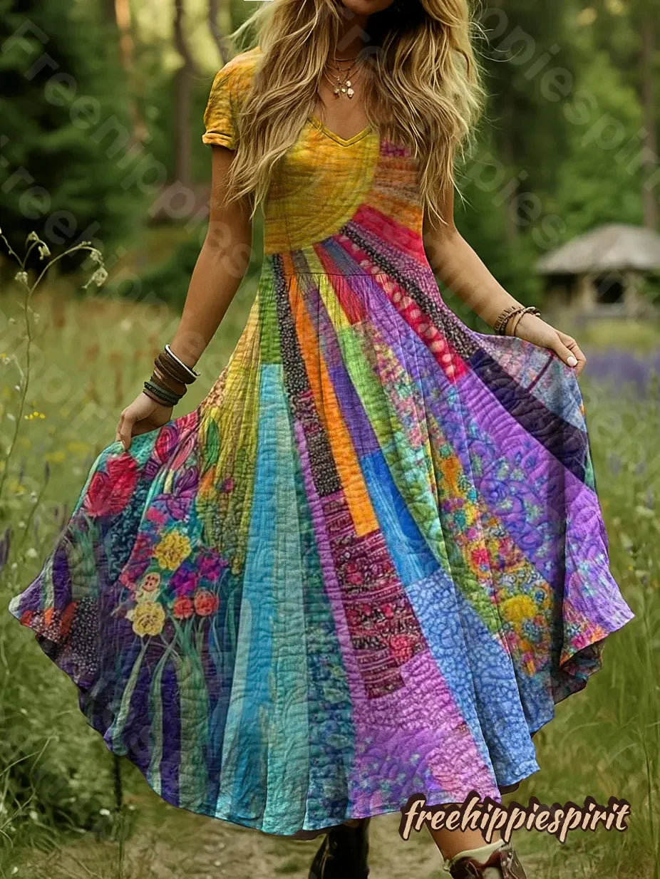 Women's Bohemian Multicolor Patchwork Sun Pattern Art Print Pocket Cotton Dress