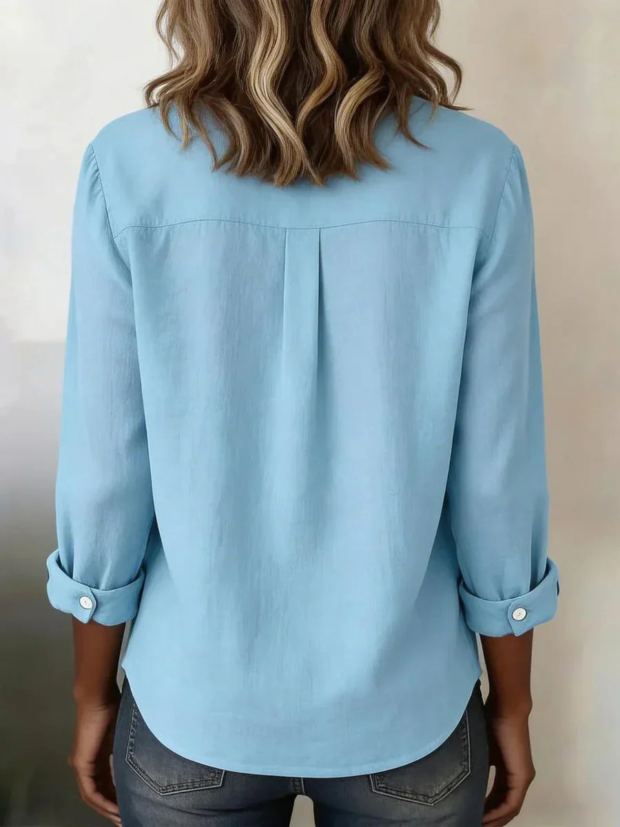 Solid Color Soft Blue Long Sleeve Button Up Blouse Secondary image