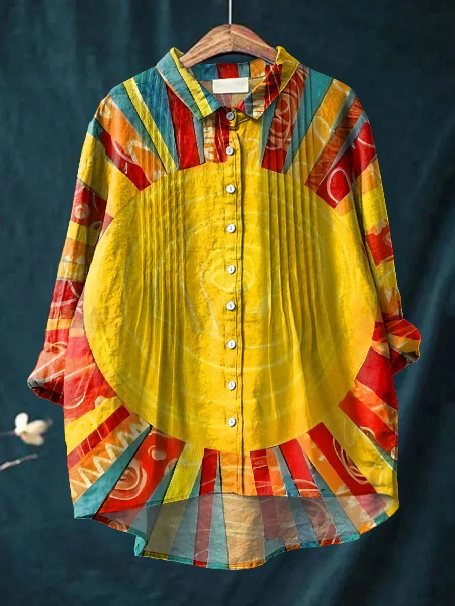 Women's Abstract Art Geometric Lines Print Casual Cotton And Linen Ruffle Shirt