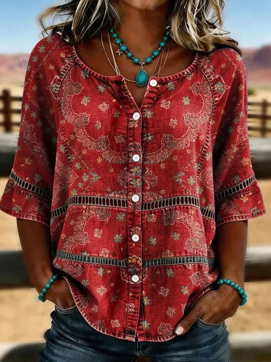 Vintage Ethnic Print Round Neck 3/4 Sleeve Blouse Main image