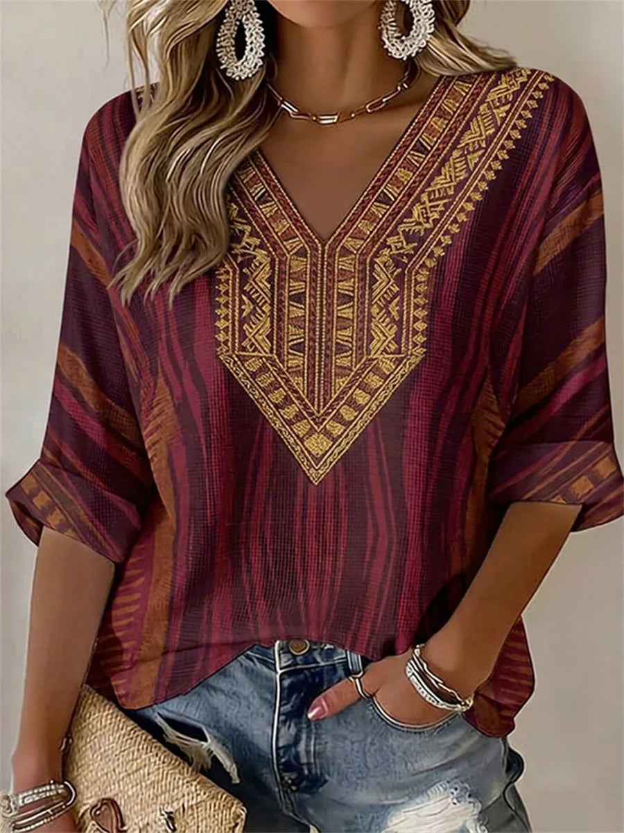 Retro Ethnic Striped Casual V-neck 3/4 Sleeve T-shirt Main image