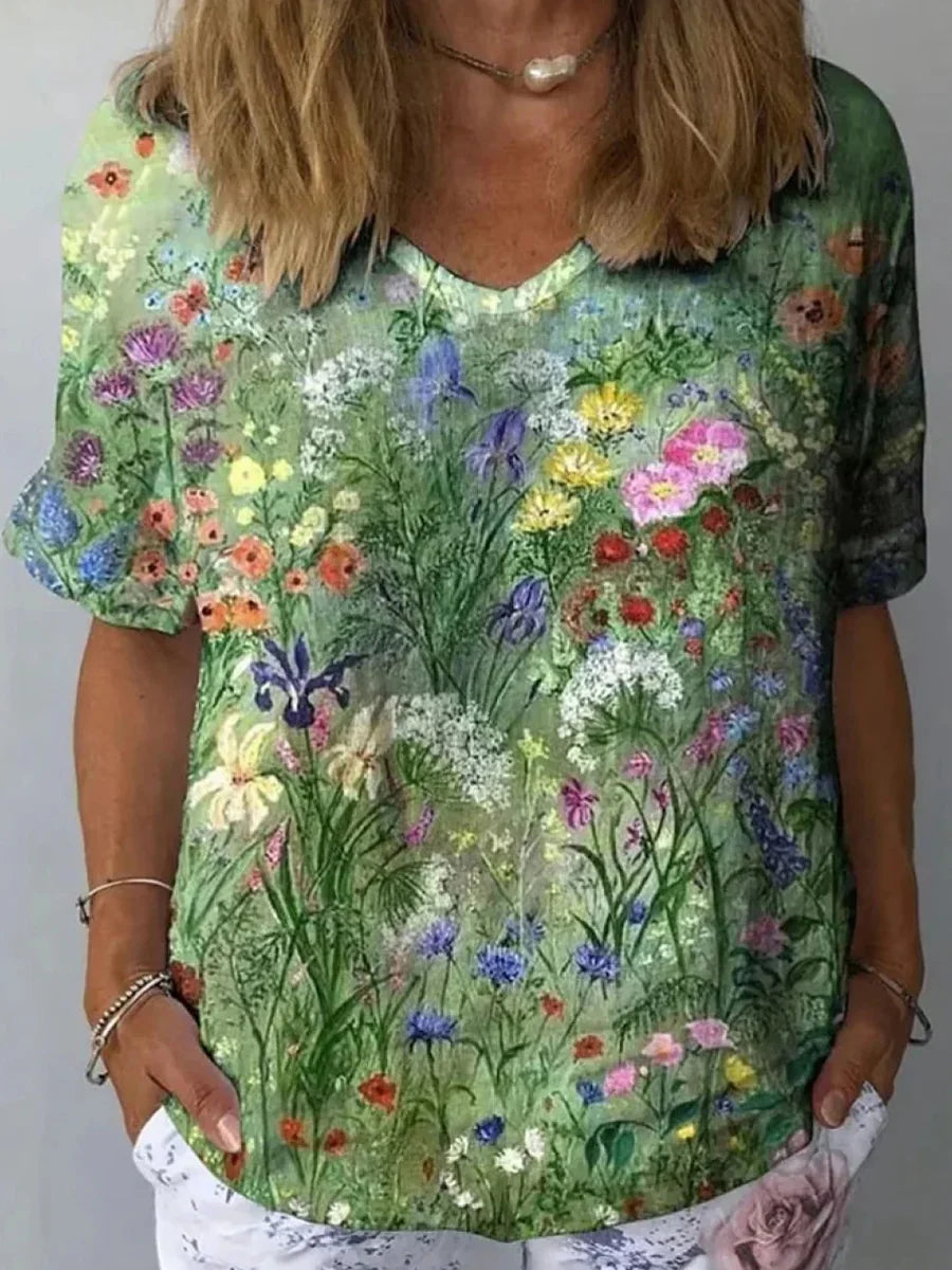 Casual Youthful Floral Print V-neck Short Sleeve Top Main image