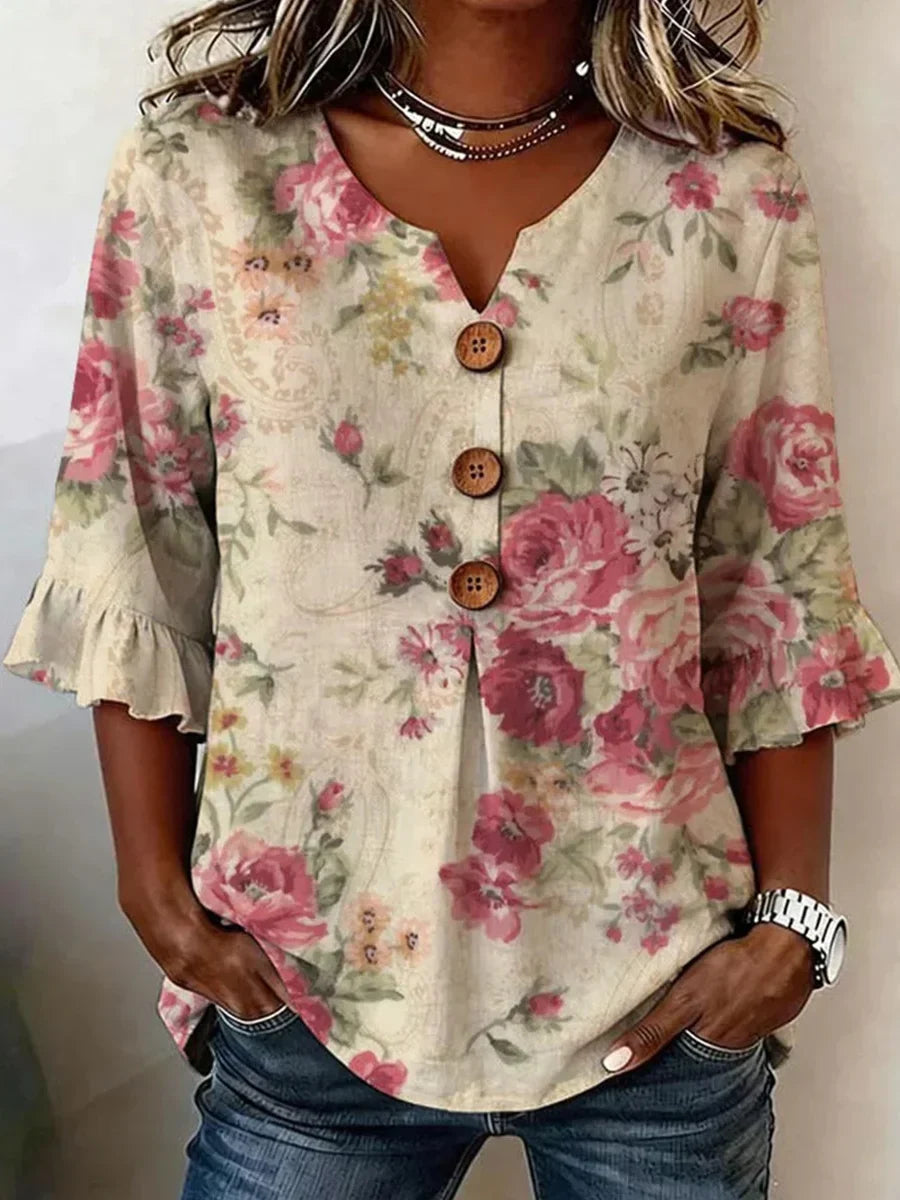 Retro Floral Print V-Neck 3/4 Sleeve Blouse Main image