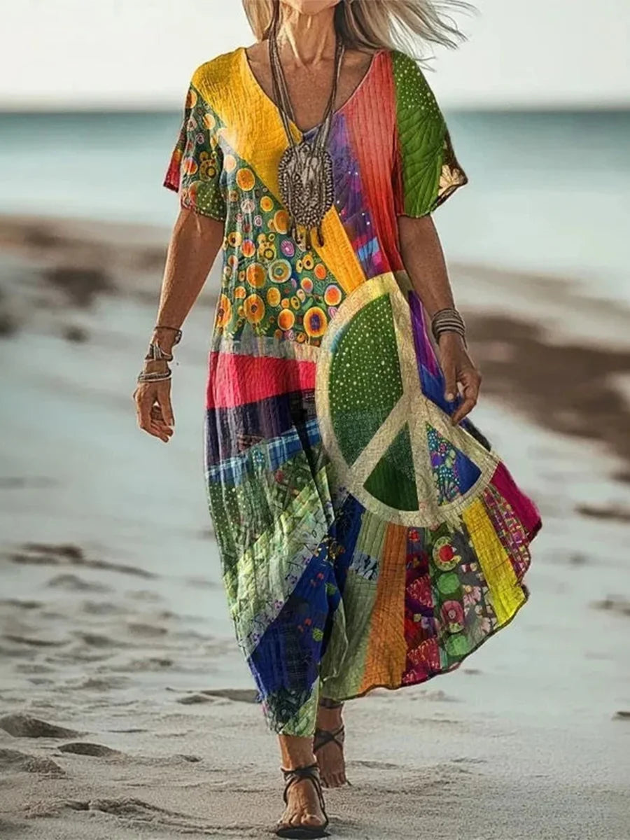 Colorful Loose V-neck Short Sleeve Dress